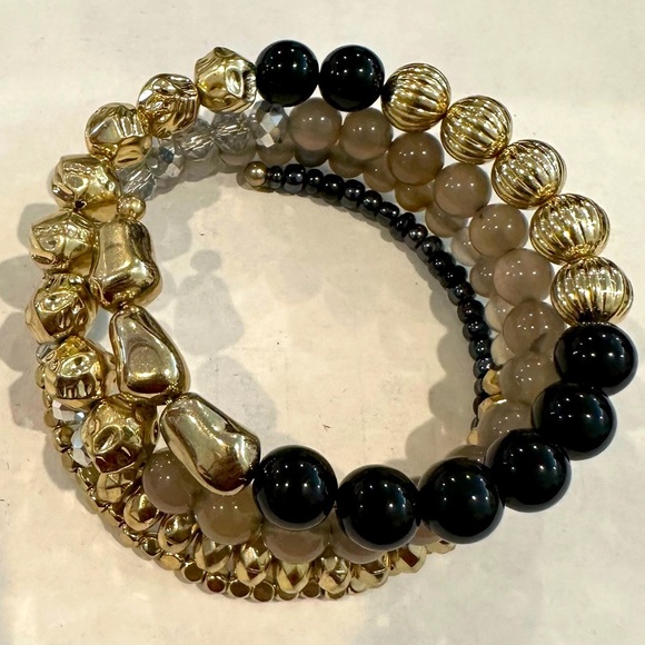 Multi Strand Bracelet w/Black Onyx, Grey Smoky Quartz, Gold Tone & Crystal Beads - Picture 1 of 3